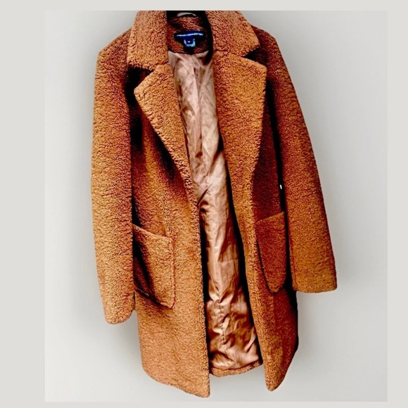 French Connection Women's Cognac Brown Teddy Coat - Picture 1 of 6